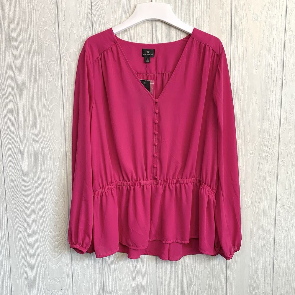 Worthington Adventure Pink V-Neck Long Sleeve Top XL NWT
